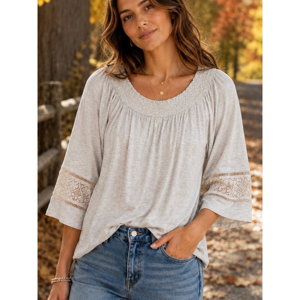 Daniel Rainn Oatmeal Knit Blouse M Smocked Crochet Lace Bell Sleeve Casual Boho